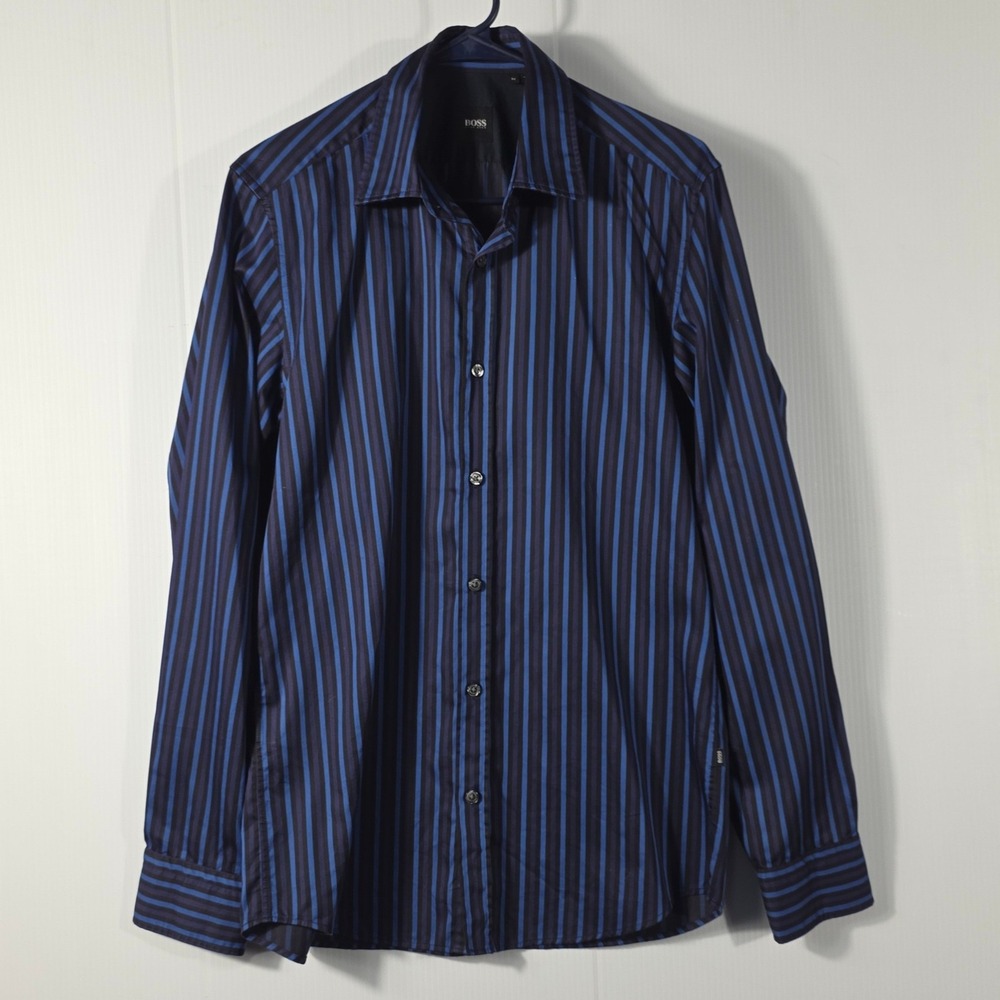 Hugo Boss Mens Striped Button Down Shirt Blue Navy Black Long Sleeve Size M